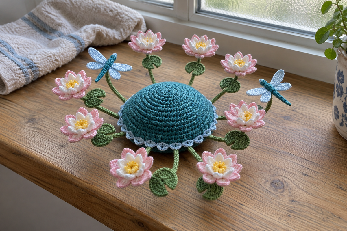 Layered pink and white crochet water lilies and two blue dragonflies fan outward from a teal domed coaster on a wooden window ledge.