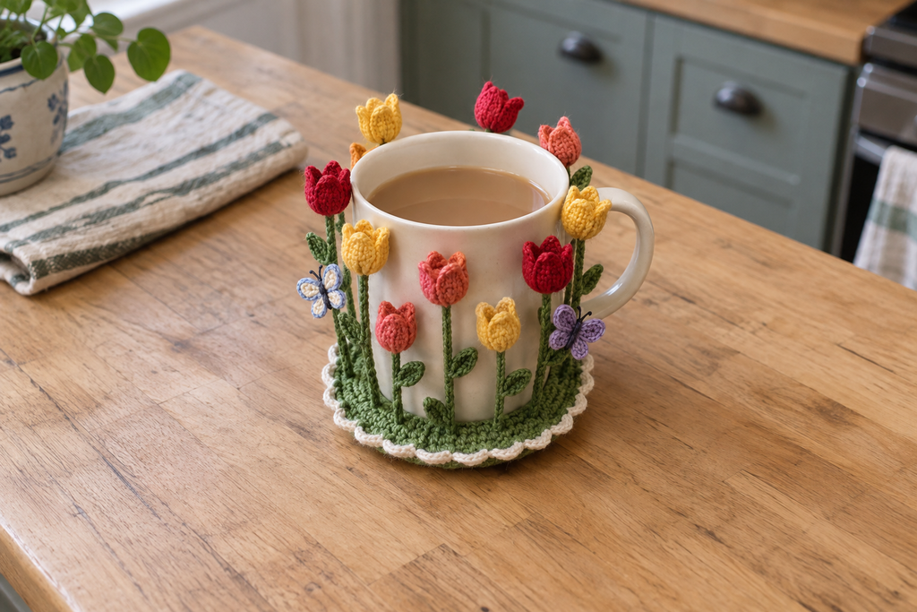 Red, yellow and coral crochet tulips and two butterflies surround a cream mug of tea on a wooden kitchen table.