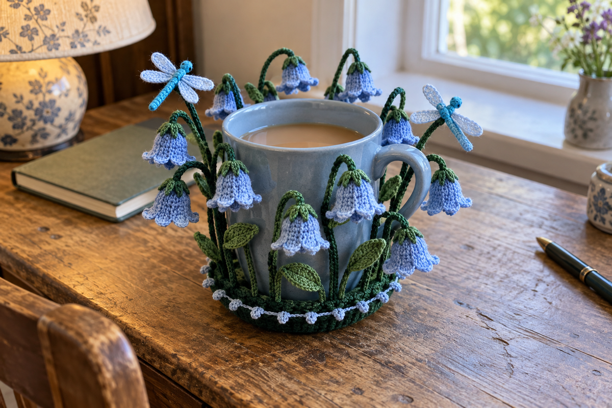 Blue crochet bluebells on arching stems and two blue dragonflies surround a blue mug of tea on a wooden desk.