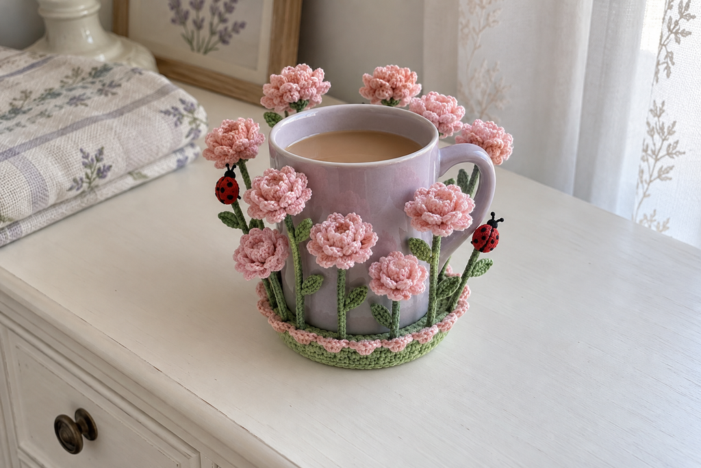 Ruffled blush-pink crochet peonies and two ladybirds surround a mauve mug of tea on a bedside cabinet.
