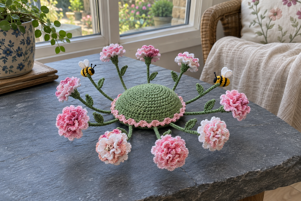 Pink and white crochet carnations and two bees fan outward from a meadow-green domed coaster on a dark kitchen counter.