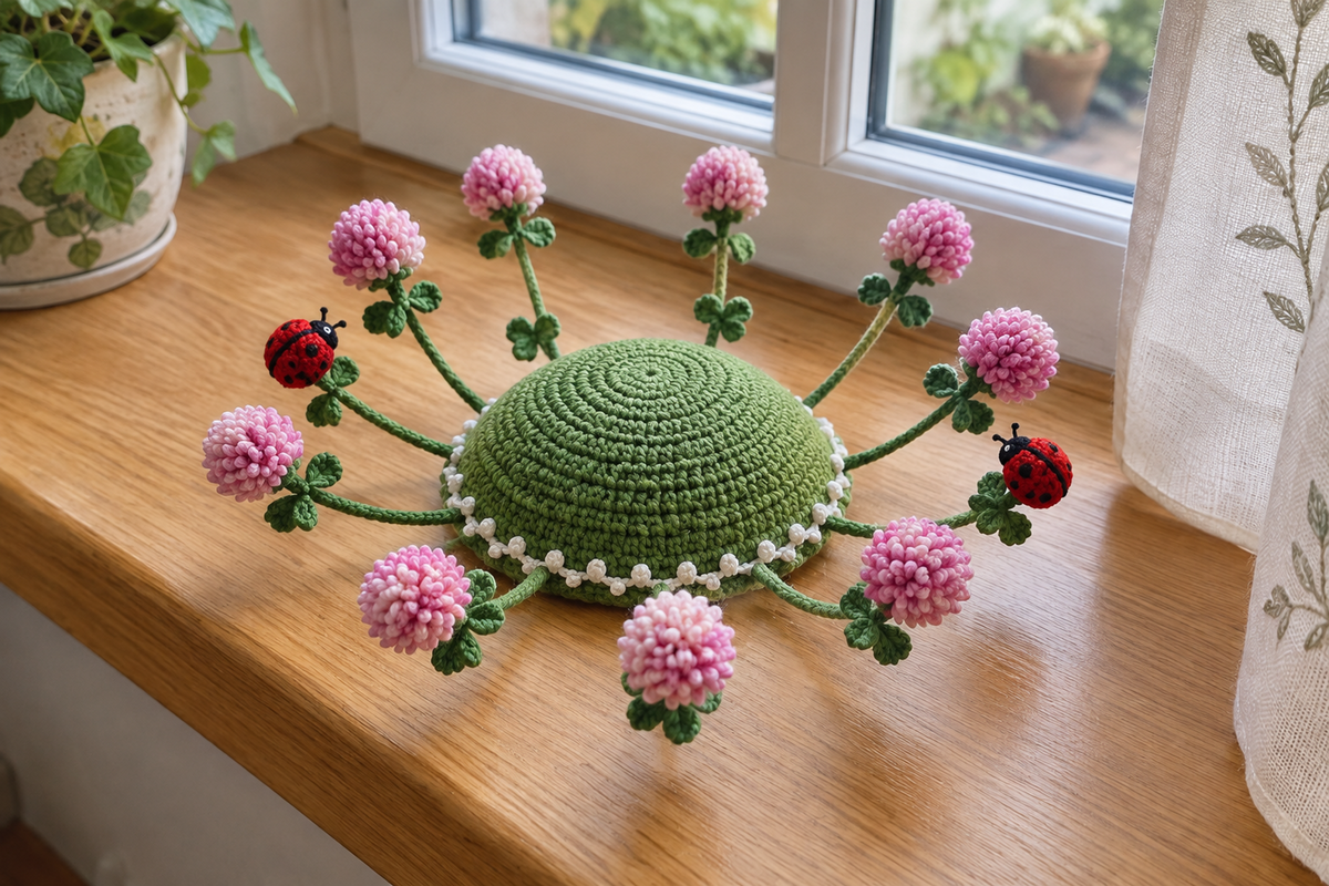 Pink crochet clover heads, green trefoil leaves and two ladybirds fan outward from a grass-green domed coaster on a wooden window ledge.