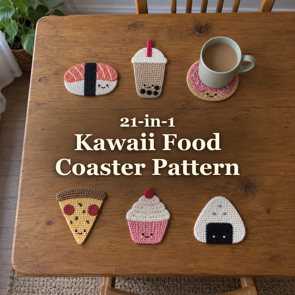 Six food-shaped crochet coasters on a wooden table with a mug on the donut, surrounding the title 21-in-1 Kawaii Food Coaster Pattern.