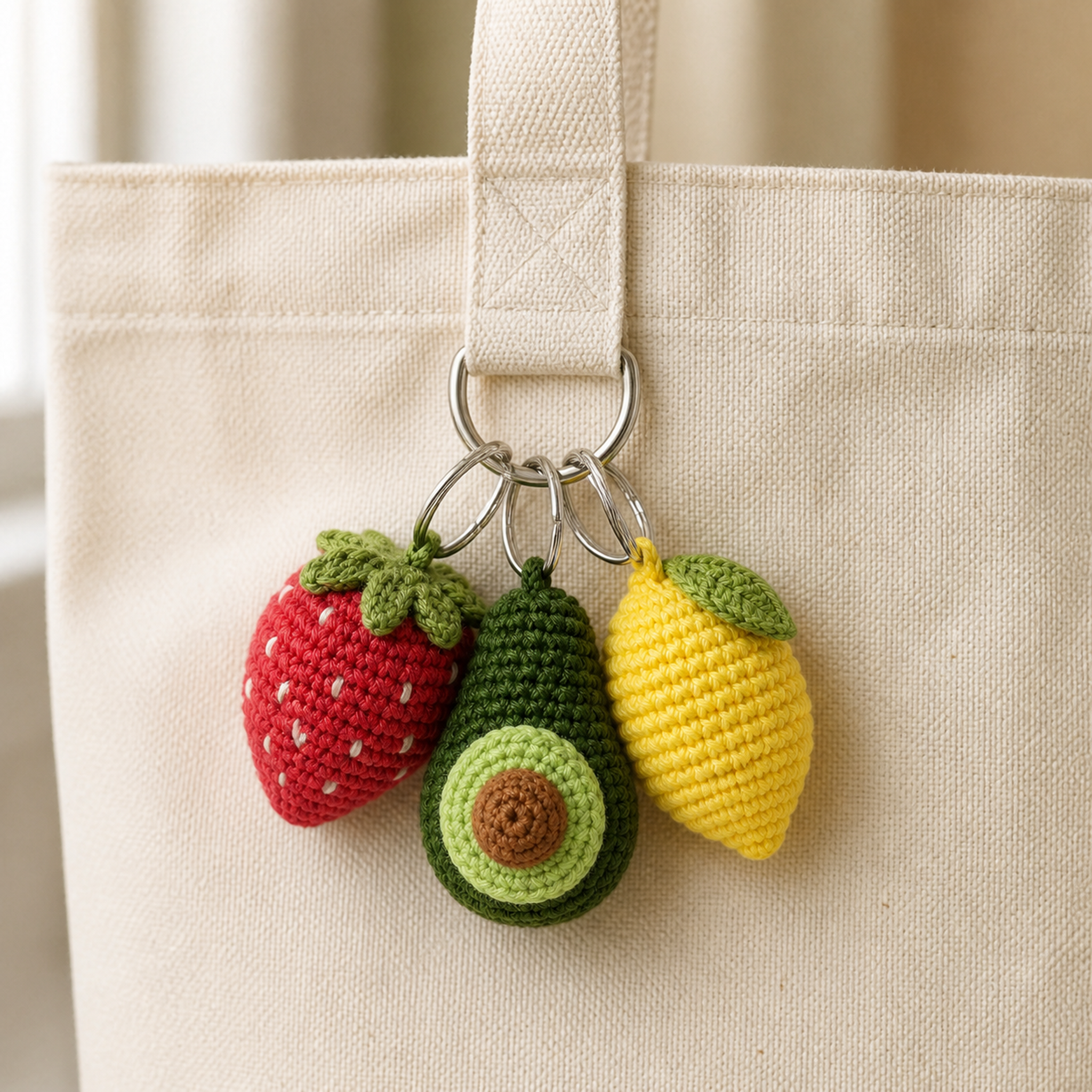 Three fruit crochet charms clipped to a canvas tote bag strap
