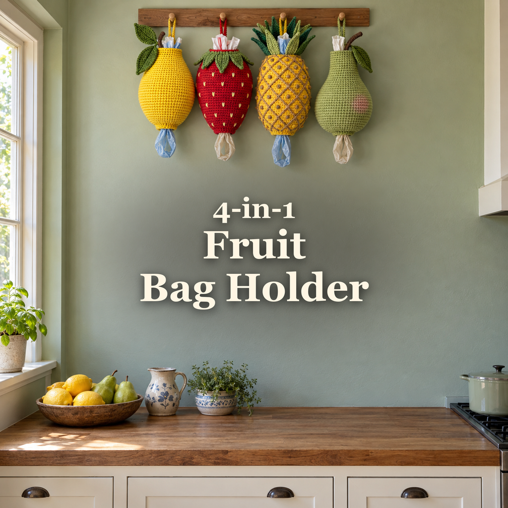Four crocheted fruit plastic-bag holders hang from a high wooden peg rail above a kitchen counter, with the title 4-in-1 Fruit Bag Holder on the clear wall.