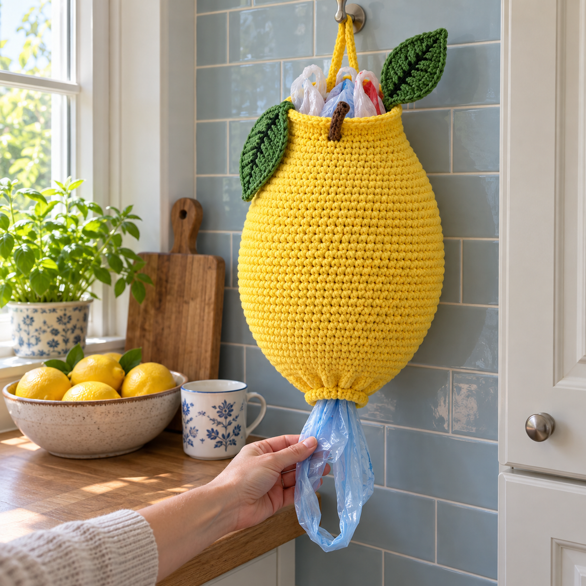An adult hand pulls a light-blue plastic grocery bag through the elastic bottom of a yellow lemon crochet holder on pale-blue kitchen tiles.