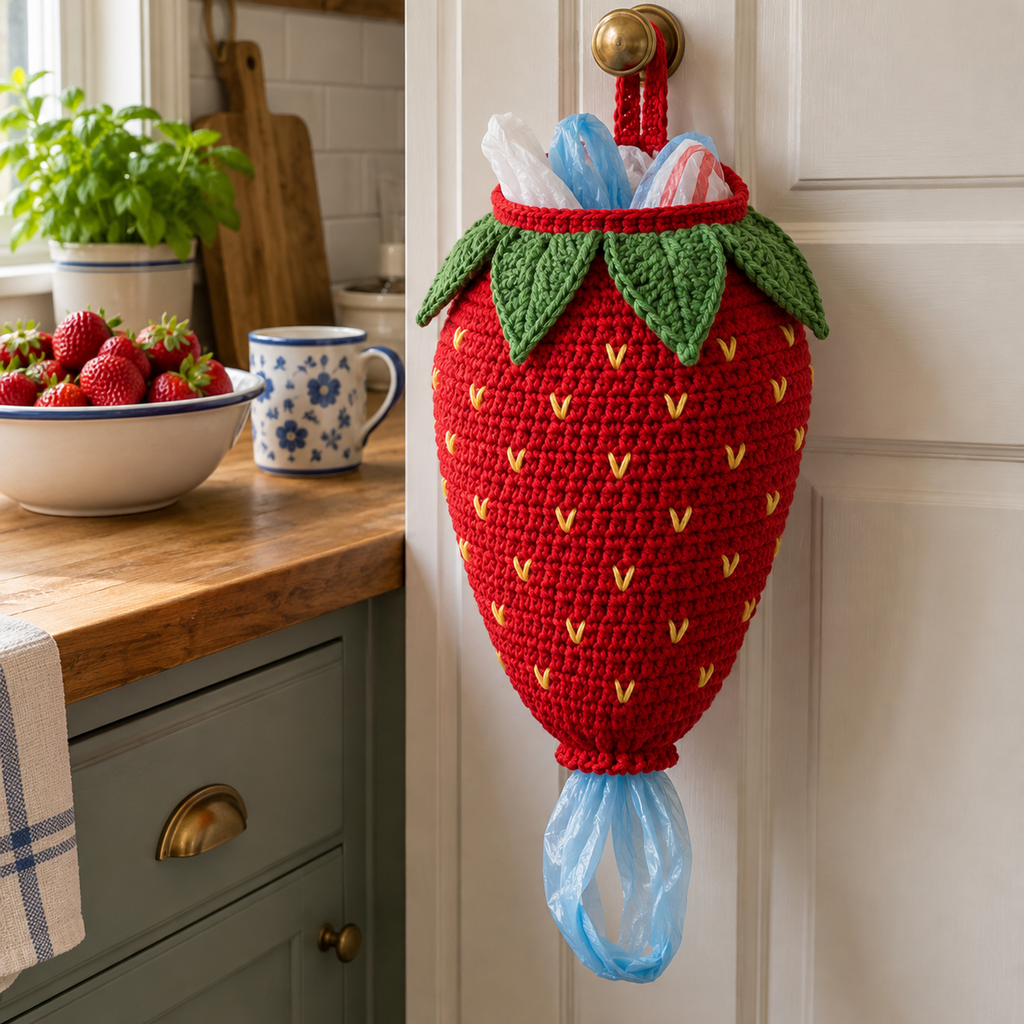 A red strawberry crochet bag holder with green calyx leaves and yellow V-shaped seeds hangs on a pantry door beside a bowl of strawberries.