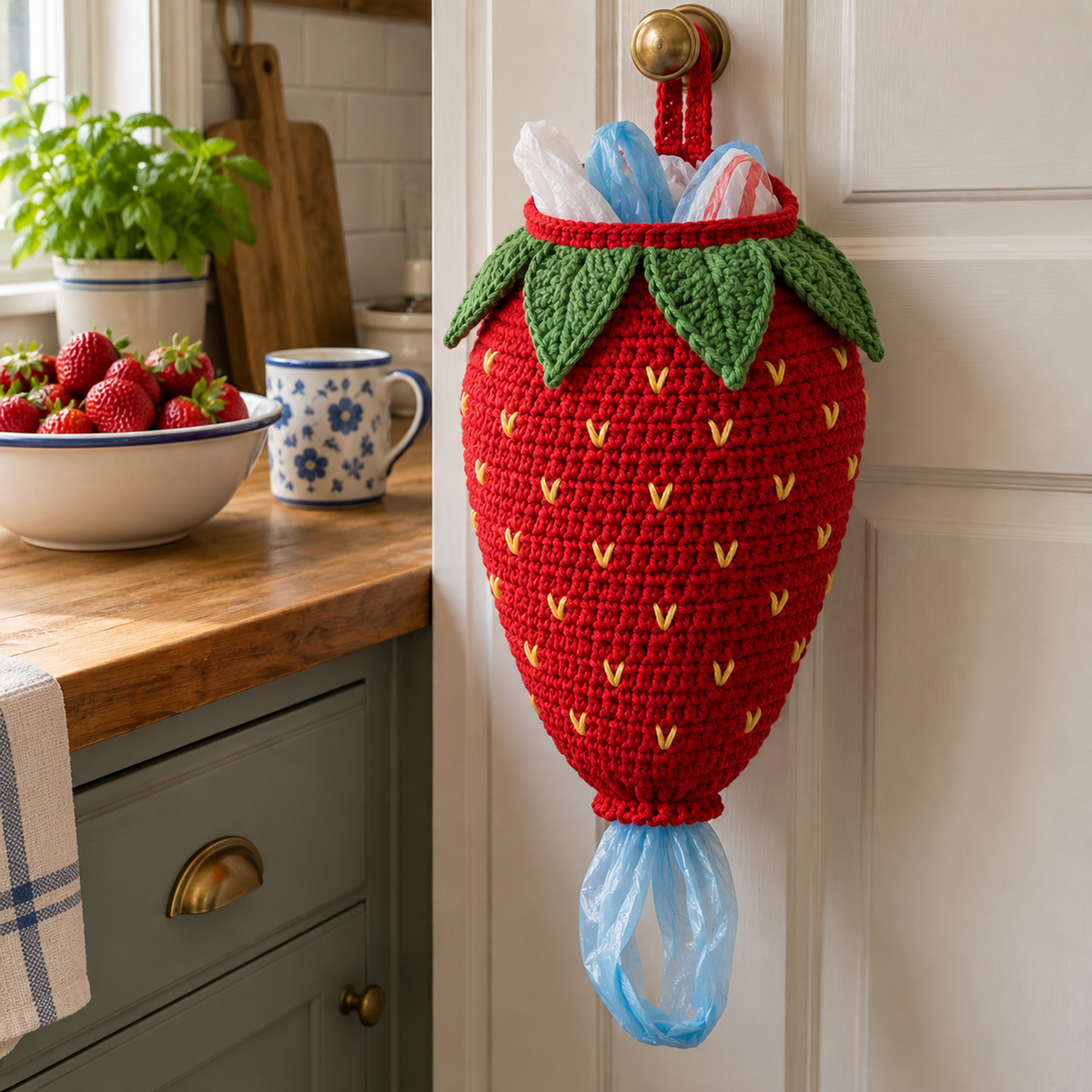 A red strawberry crochet bag holder with green calyx leaves and yellow V-shaped seeds hangs on a pantry door beside a bowl of strawberries.