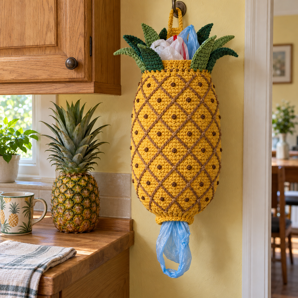 A golden pineapple crochet bag holder with a brown diamond lattice and green crown hangs beside a real pineapple in a sunny kitchen.