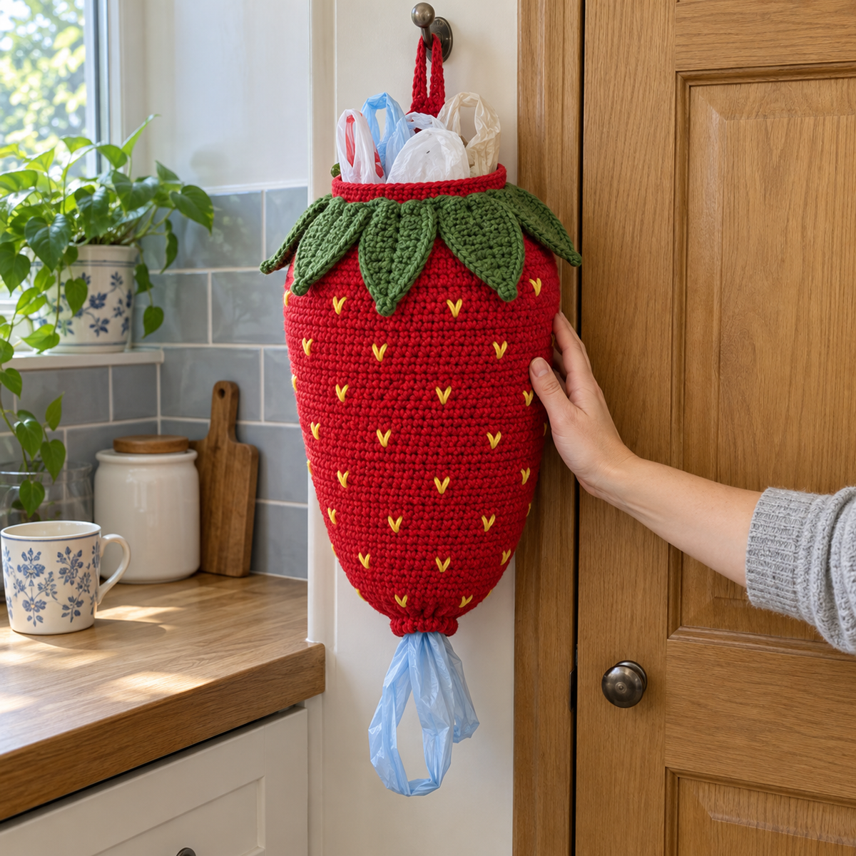 An adult hand touches a well-filled red strawberry crochet holder with coloured grocery-bag handles at its open top and a blue bag handle below.