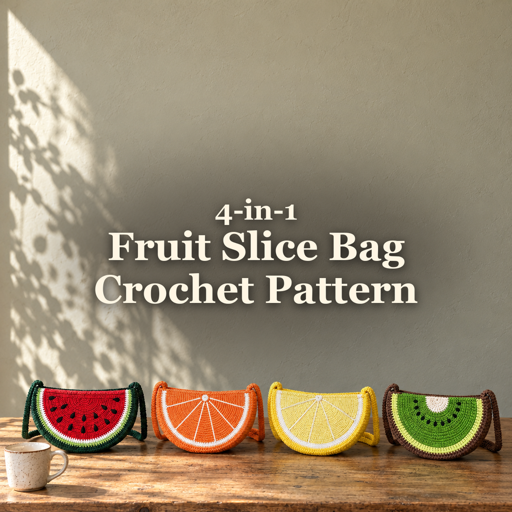 Watermelon, orange, lemon and kiwi crochet half-moon crossbody bags standing on a wooden table beside a mug, with the title 4-in-1 Fruit Slice Bag Crochet Pattern above them.