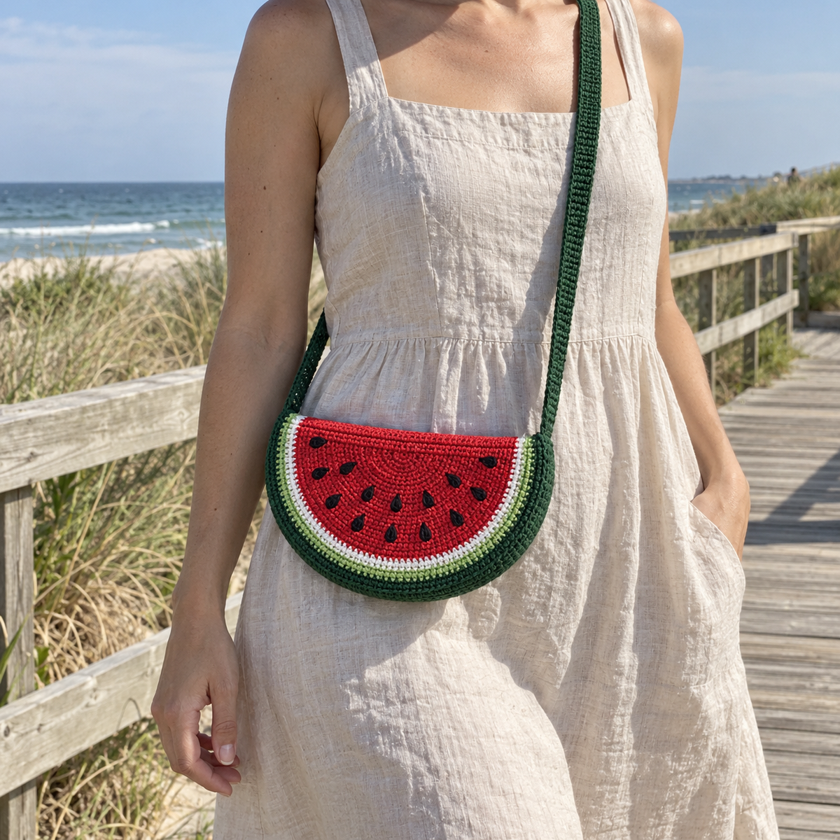A small watermelon crochet crossbody bag worn over a linen summer dress on a seaside boardwalk, with red flesh, black yarn seeds and curved green rind bands.