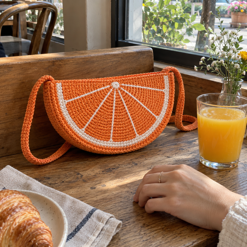 An orange-slice crochet bag standing on a wooden cafe table beside orange juice and a resting hand, with white embroidered segment lines and an orange strap.