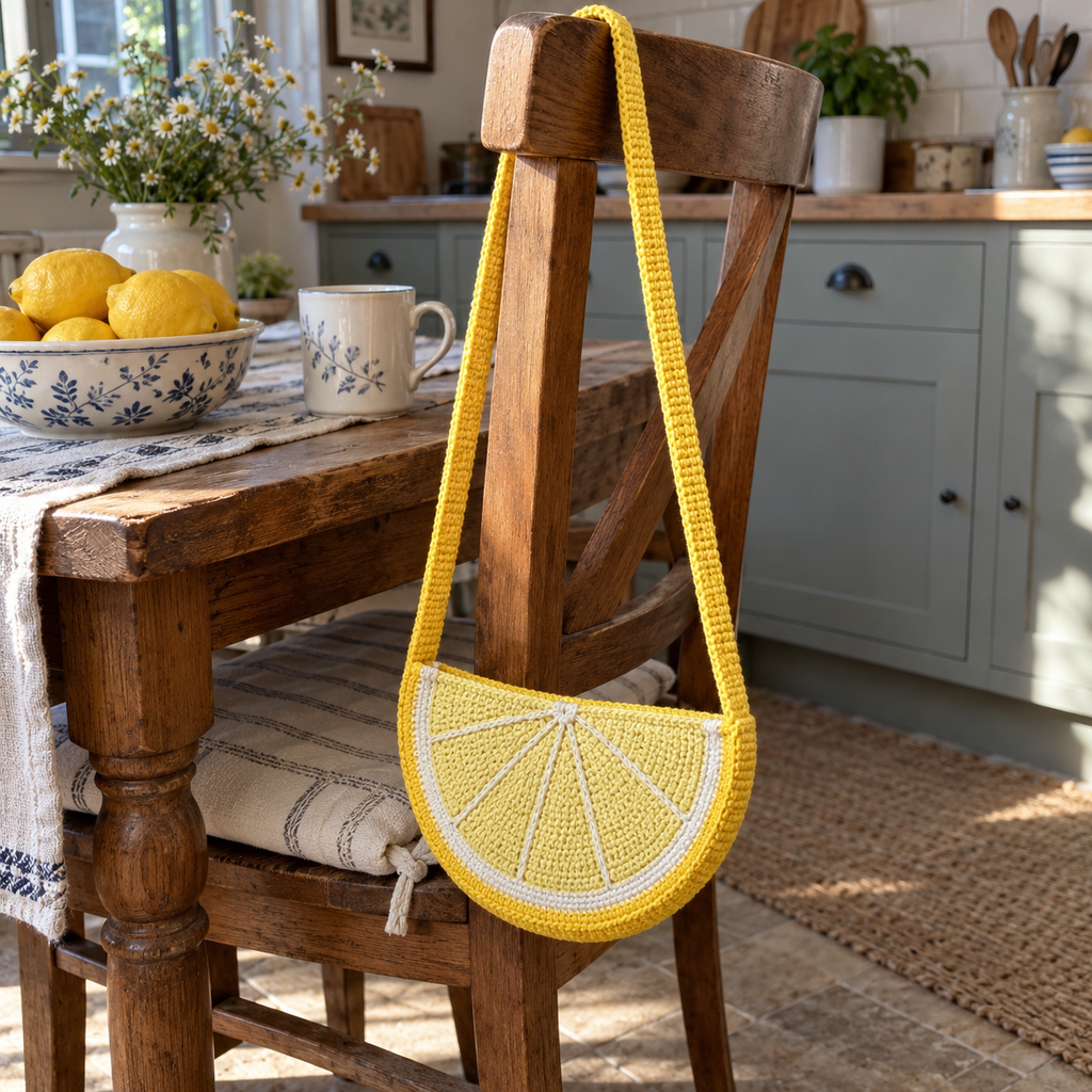 A lemon-slice crochet bag hanging by its yellow strap from a wooden kitchen chair, beside a bowl of lemons and a ceramic mug.