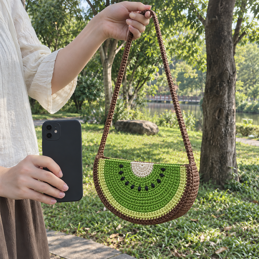 A kiwi crochet bag held by its brown strap in a park beside a phone, showing a cream centre, green flesh, black yarn seeds and a pale green-yellow inner rind band.