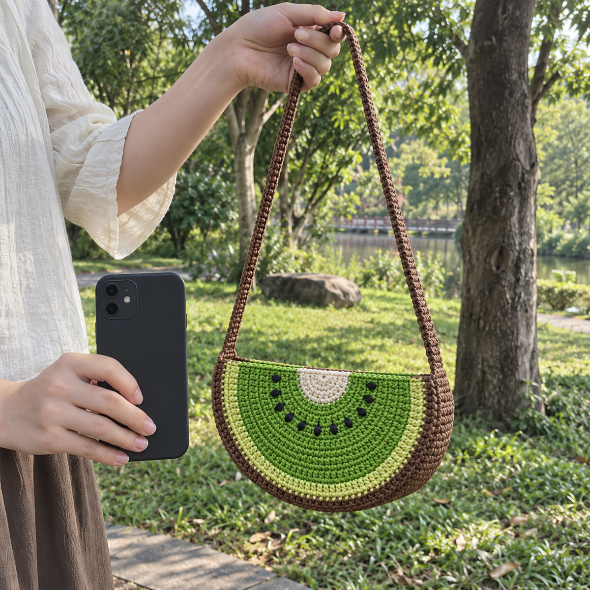A kiwi crochet bag held by its brown strap in a park beside a phone, showing a cream centre, green flesh, black yarn seeds and a pale green-yellow inner rind band.