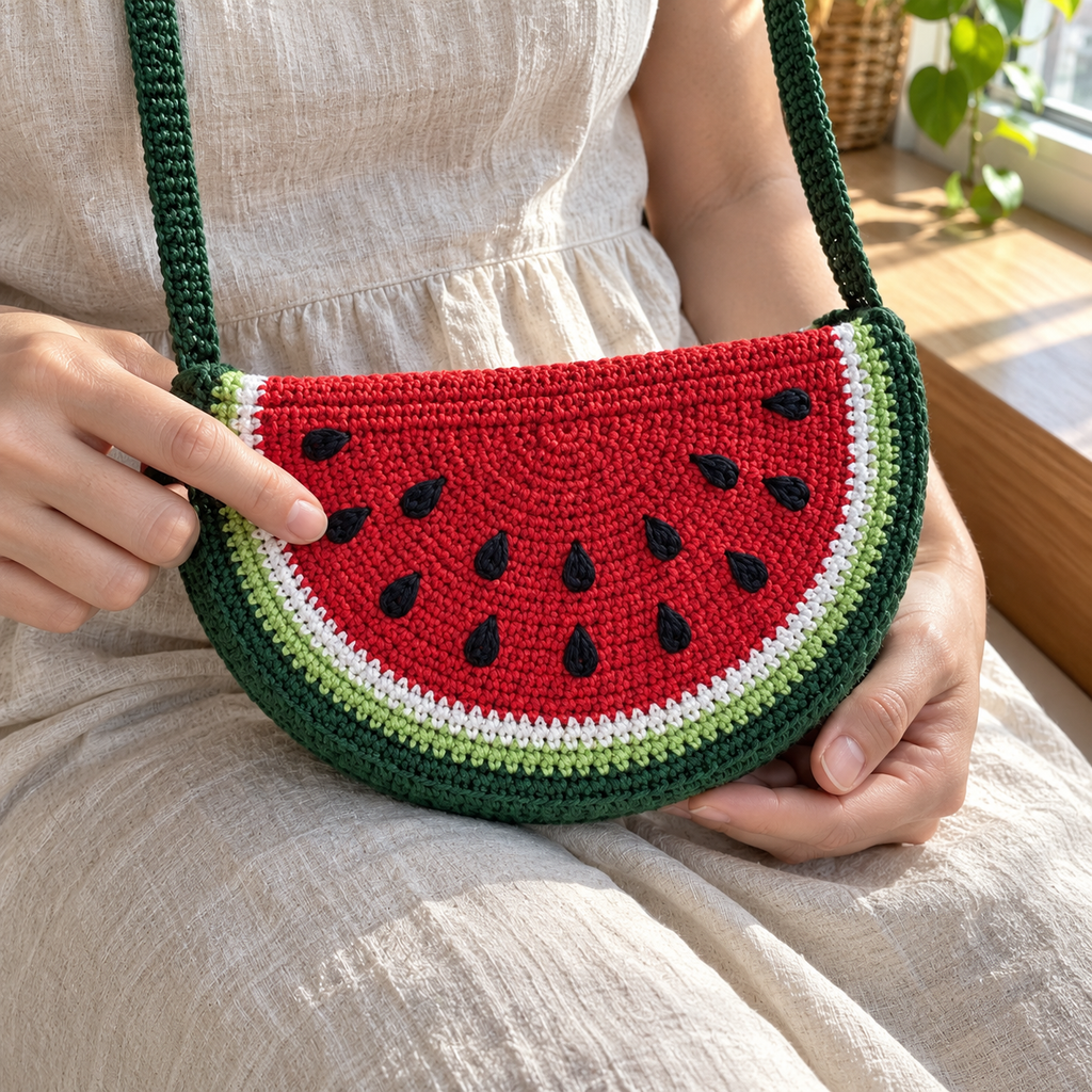 A fingertip touching a black embroidered seed on a watermelon crochet bag, with the dense red stitches and concentric white and green rind bands visible.
