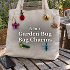 Six crochet garden bug bag charms beside keys: ladybug, bee, butterfly, snail, caterpillar and dragonfly.