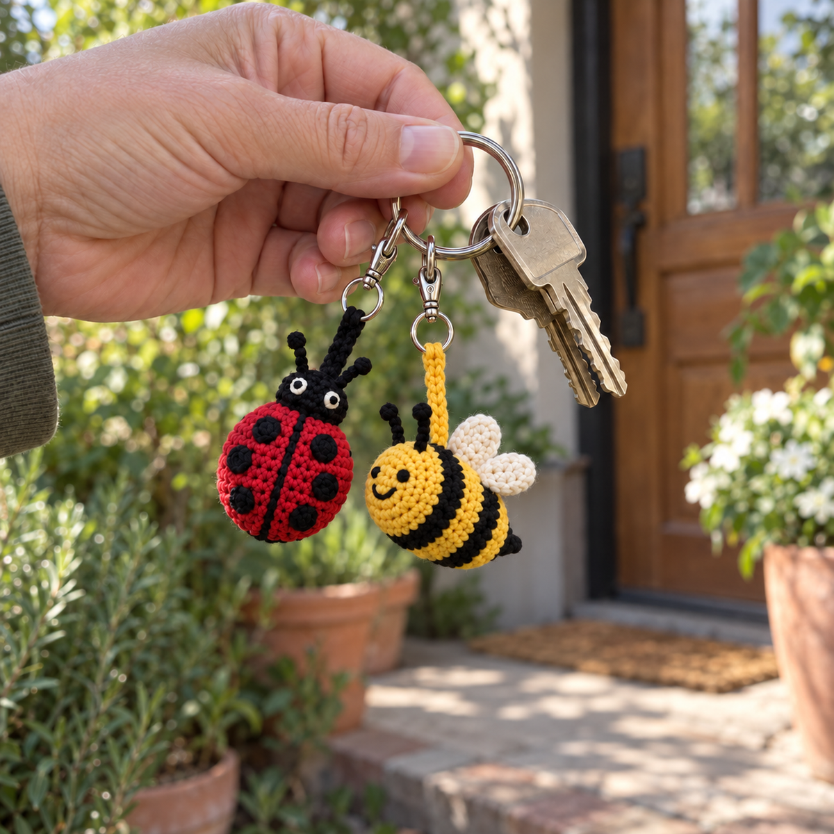 An adult hand holds keys with small crochet garden bug charms on a split ring.