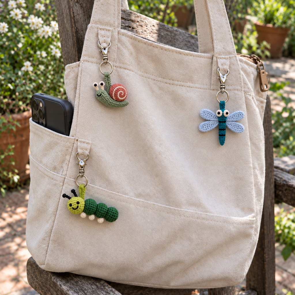 Finished crochet garden bug charms hanging from a canvas bag in a garden.