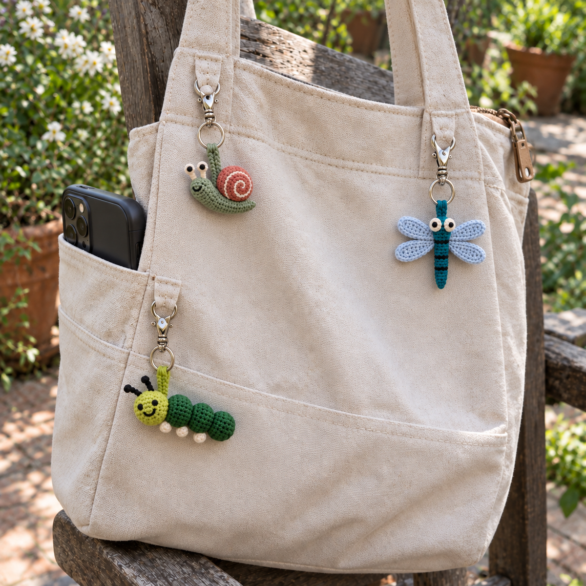 Finished crochet garden bug charms hanging from a canvas bag in a garden.