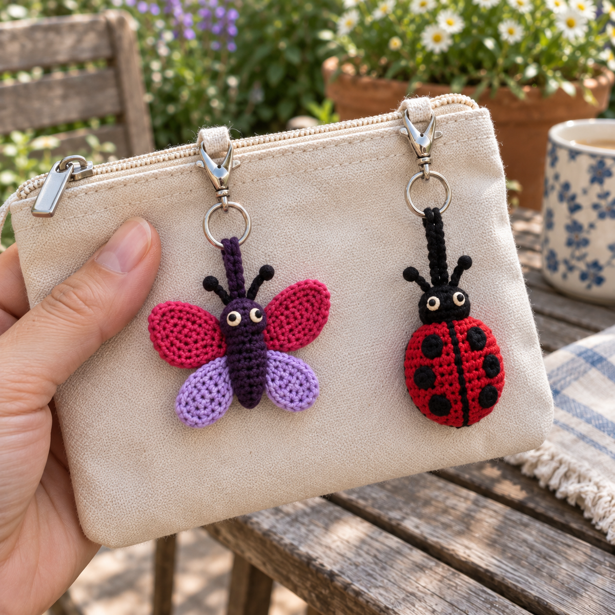 Close view of a pink-and-lilac crochet butterfly and red spotted ladybug, showing cotton stitches.