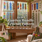 Garden crochet bundle arranged around a sunny home window, with hanging spinners and vines, six pot buddies on the sill, and flower and leaf keychains on two canvas bags. The title reads 33-in-1 Garden Bundle Crochet Pattern.