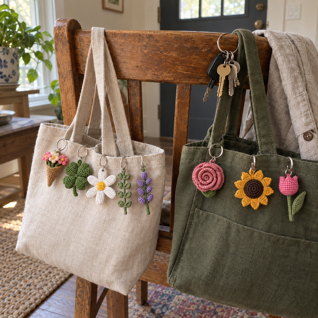 Eight small crochet flower and leaf keychains hang from linen and olive canvas bags on a wooden chair beside a set of house keys.