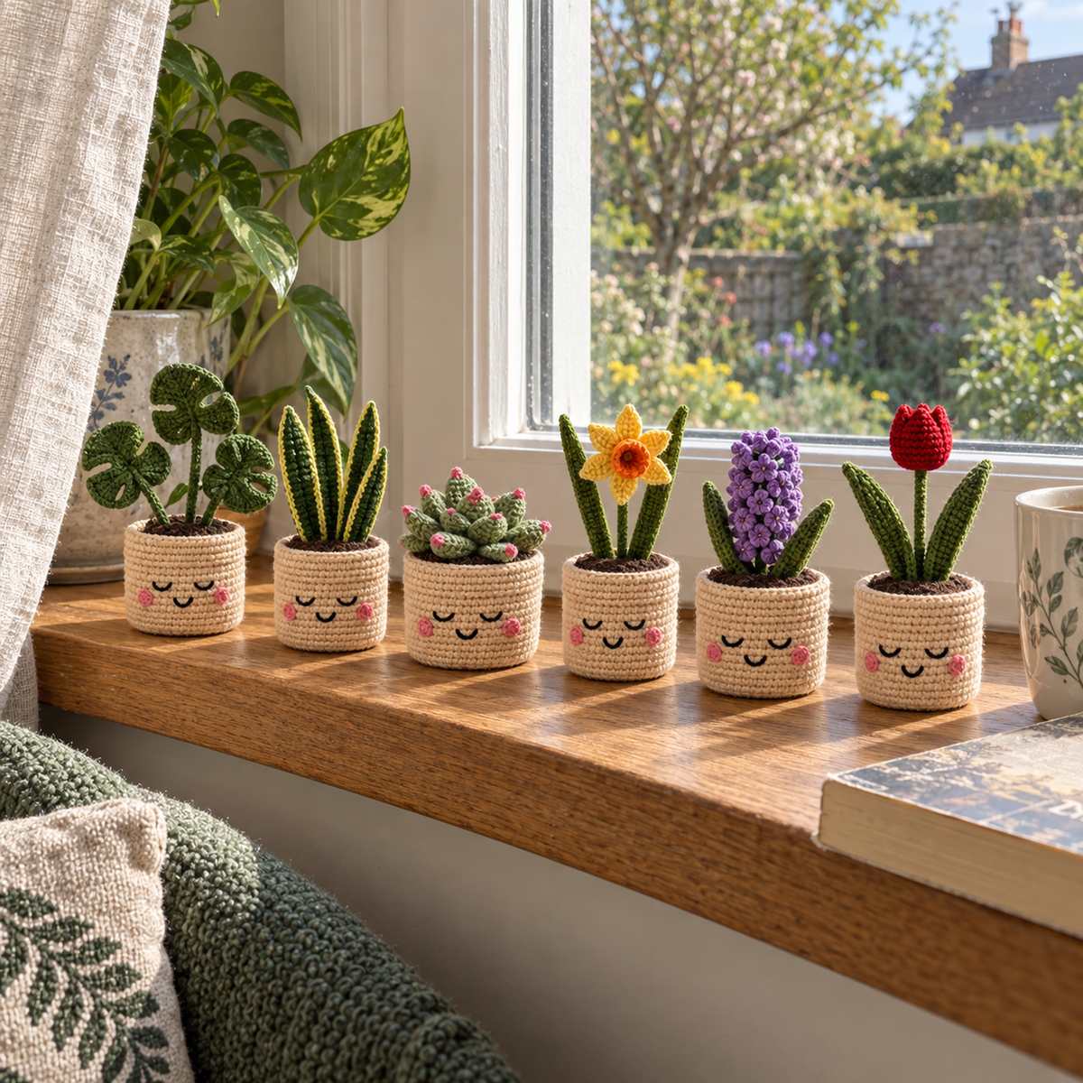 Six smiling beige crochet pots with monstera, snake plant, succulent, daffodil, hyacinth and red tulip stand on a wooden windowsill.