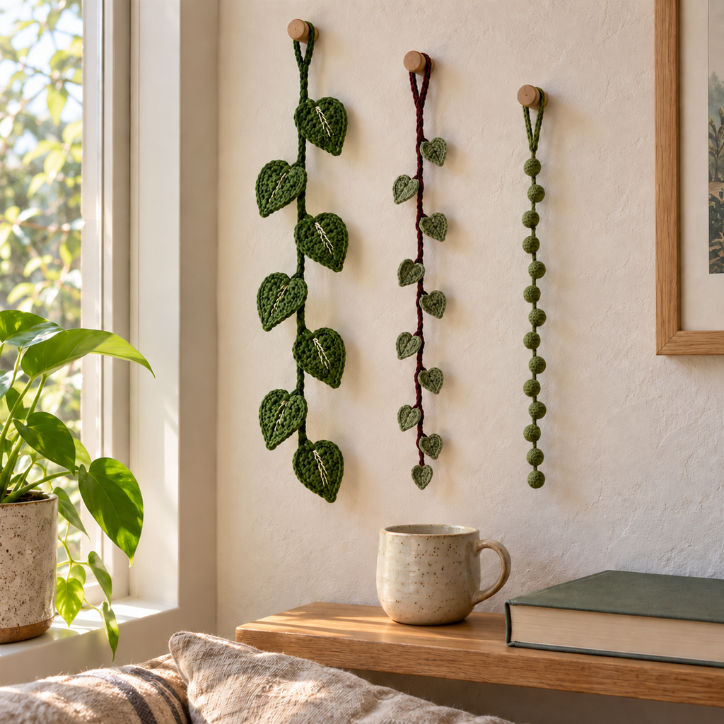 Green pothos, burgundy string of hearts and green string of pearls crochet vines hang from wooden pegs beside a window above a mug and closed book.