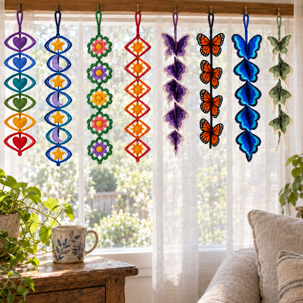 Heart, star and moon, daisy and sun hangers sit beside purple, orange, blue and sage butterfly and moth spinners in a sunny home window.