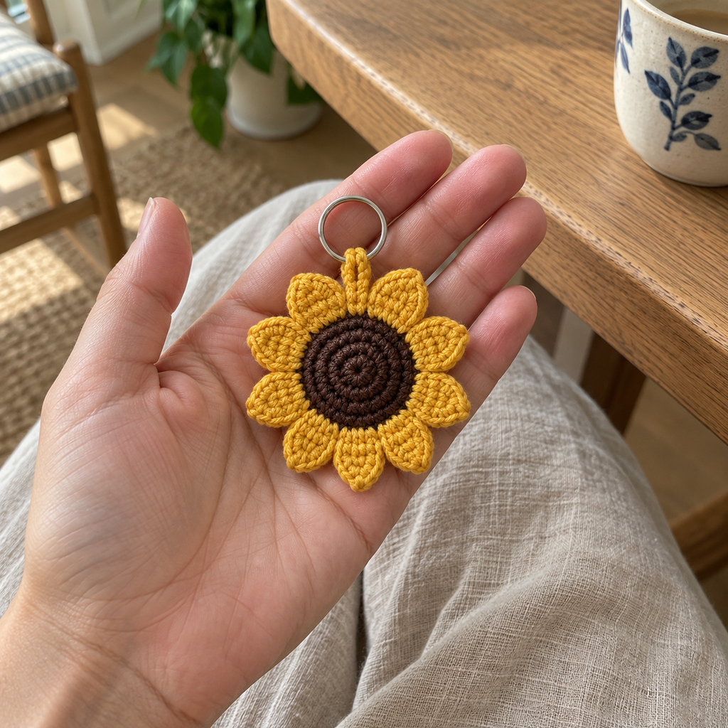 An adult holds a small yellow crochet sunflower keychain with a brown centre and silver ring in an open palm beside a wooden table.