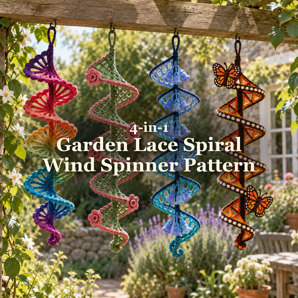 Four crochet lace spiral wind spinners hanging from a garden pergola: 4-in-1 Garden Lace Spiral Wind Spinner Pattern
