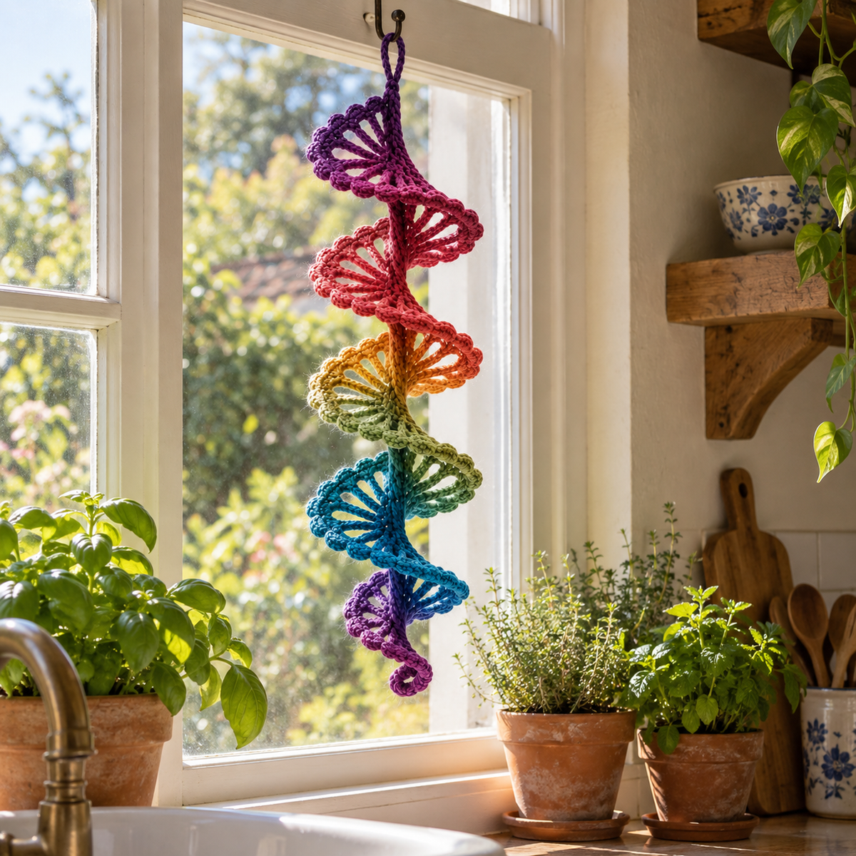 A rainbow lace crochet spiral spinner hanging in a sunny kitchen window above potted herbs