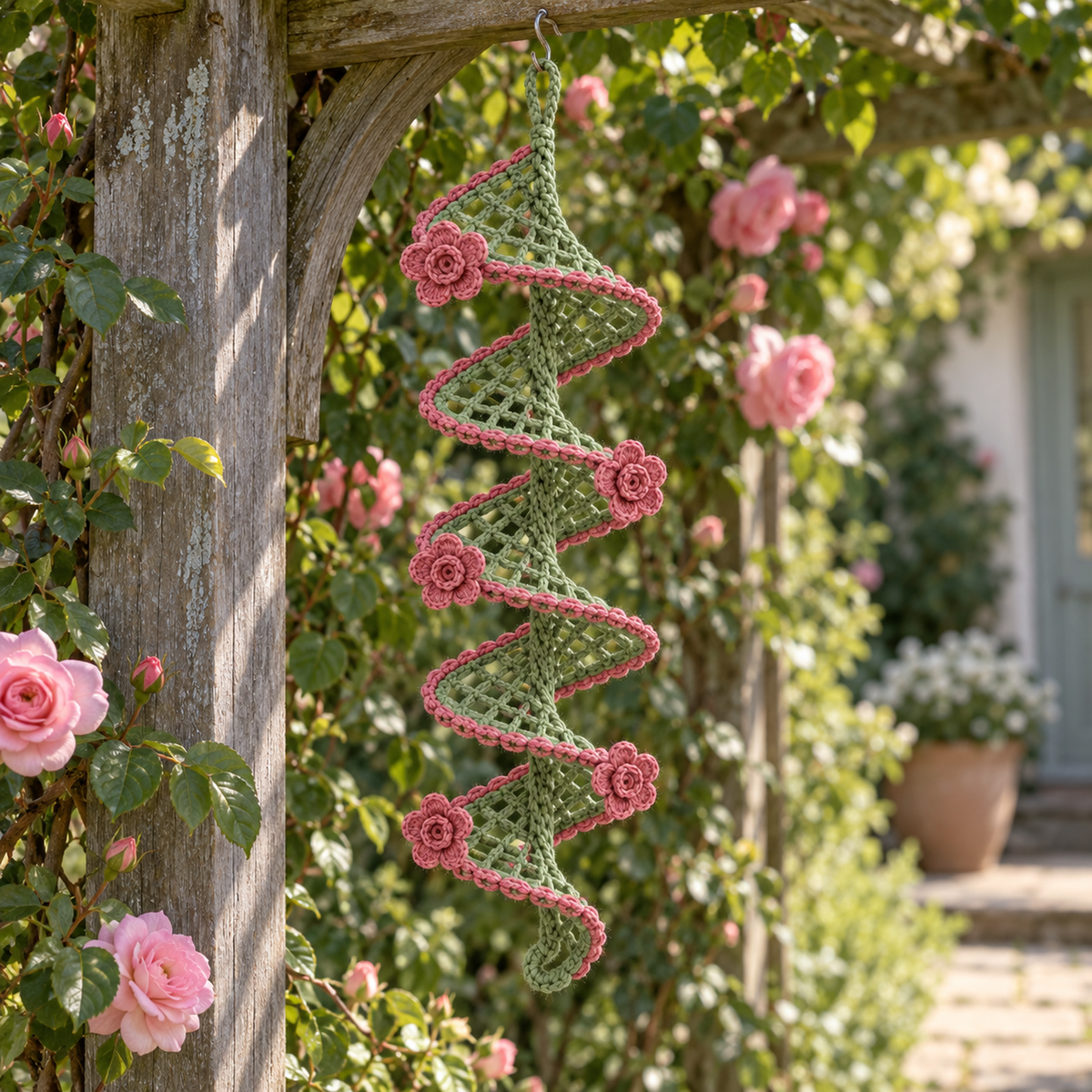 A sage and dusty pink crochet spiral spinner with roses hanging from a garden arbour