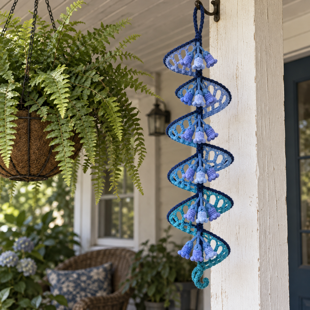 A blue and teal lace crochet spinner with bluebell flowers hanging on a porch beside a fern basket