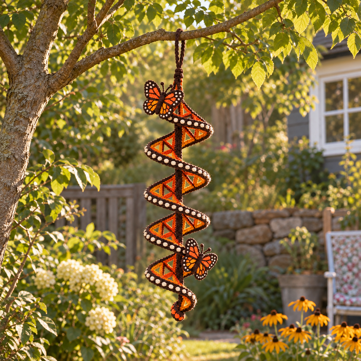 An orange and amber lace crochet spiral spinner with two Monarch butterflies hanging from a tree branch