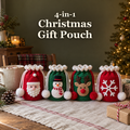Santa, snowman, reindeer and snowflake crochet drawstring gift pouches on a linen-covered Christmas table beside cocoa and wrapped presents, with the title 4-in-1 Christmas Gift Pouch above.