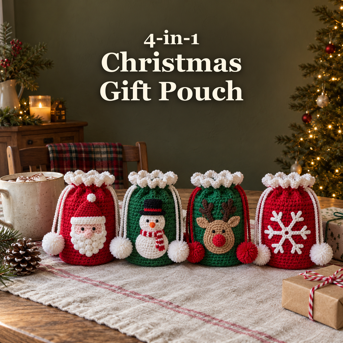 Santa, snowman, reindeer and snowflake crochet drawstring gift pouches on a linen-covered Christmas table beside cocoa and wrapped presents, with the title 4-in-1 Christmas Gift Pouch above.