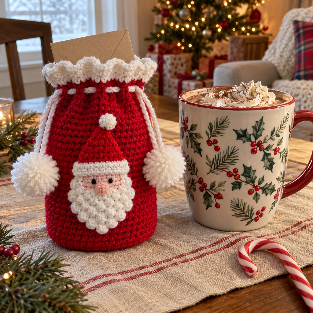 Red Santa crochet gift pouch with a white ruffled cuff and two white cord pompoms beside a mug of cocoa, with a blank gift-card envelope peeking from the top.
