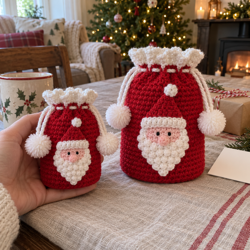 An adult hand holds a small Santa crochet pouch beside a larger Santa pouch on a linen-covered Christmas table.