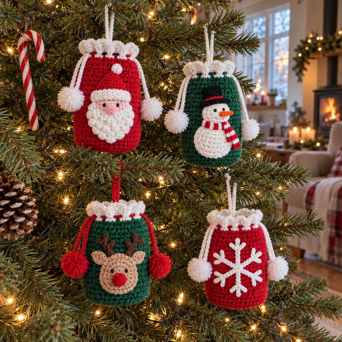 Small Santa, snowman, reindeer and snowflake crochet gift pouches hanging by their cords on Christmas tree branches beside a candy cane and pinecone.