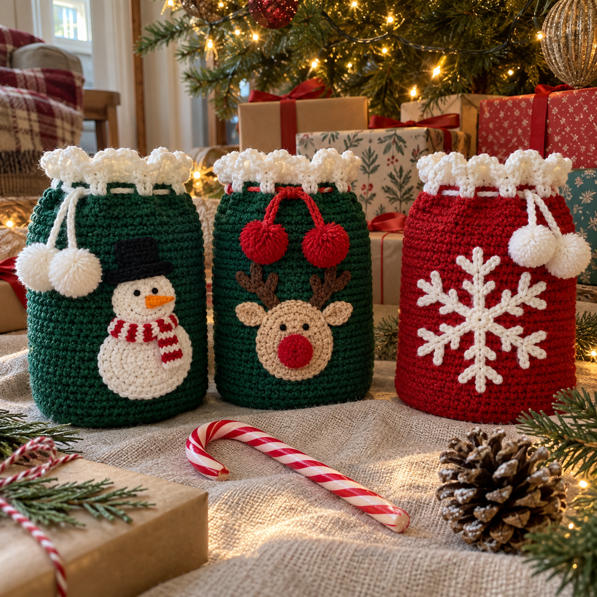 Green snowman and reindeer pouches and a red snowflake pouch standing beneath a Christmas tree among wrapped presents.