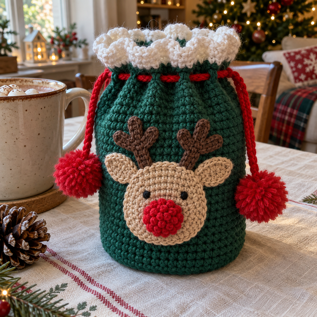 Angled detail of a green reindeer crochet pouch showing its tan face, branched brown antlers, raised red nose, white ruffled cuff, eyelets and red pompom-ended drawstring.