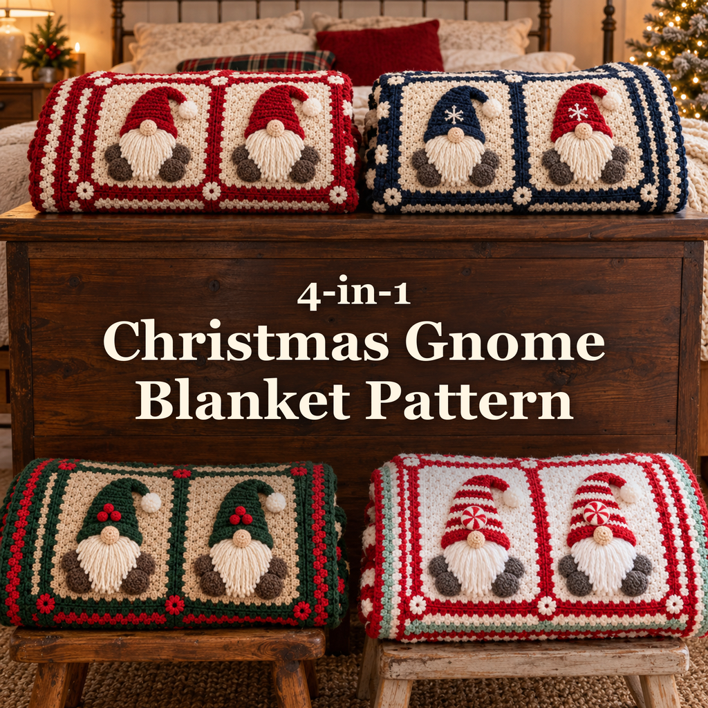 Four folded Christmas gnome crochet blankets on a wooden chest and stools, with the title 4-in-1 Christmas Gnome Blanket Pattern.