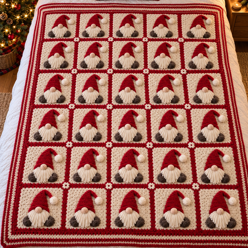 Red-framed cream granny-square blanket with upright red-hat gnomes and striped edging on a made bed beside a Christmas tree.