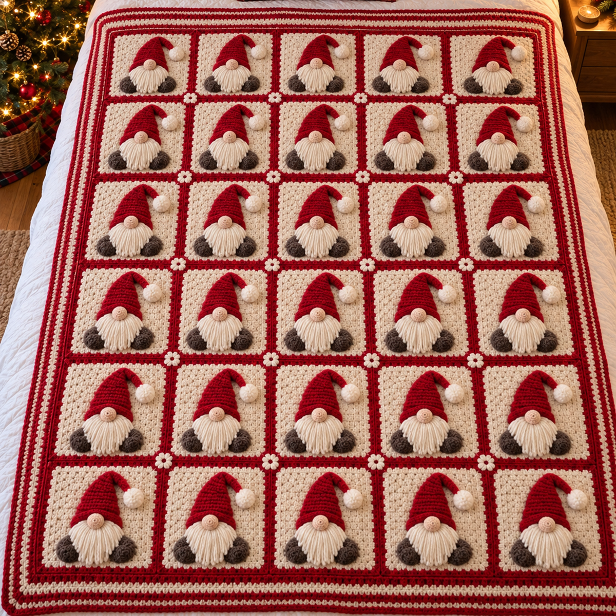 Red-framed cream granny-square blanket with upright red-hat gnomes and striped edging on a made bed beside a Christmas tree.