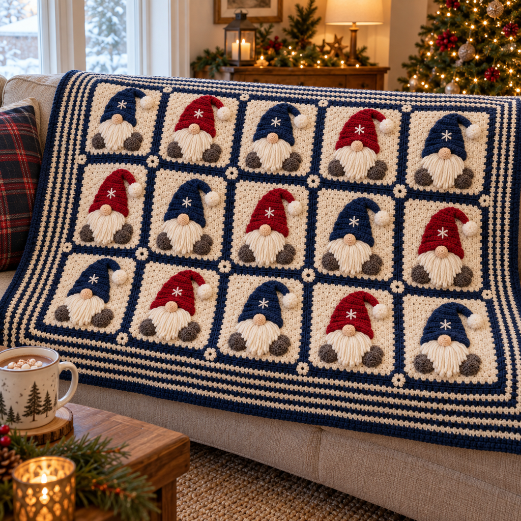 Navy-framed Nordic gnome blanket with alternating navy and red hats draped over a sofa back beside a mug of cocoa.