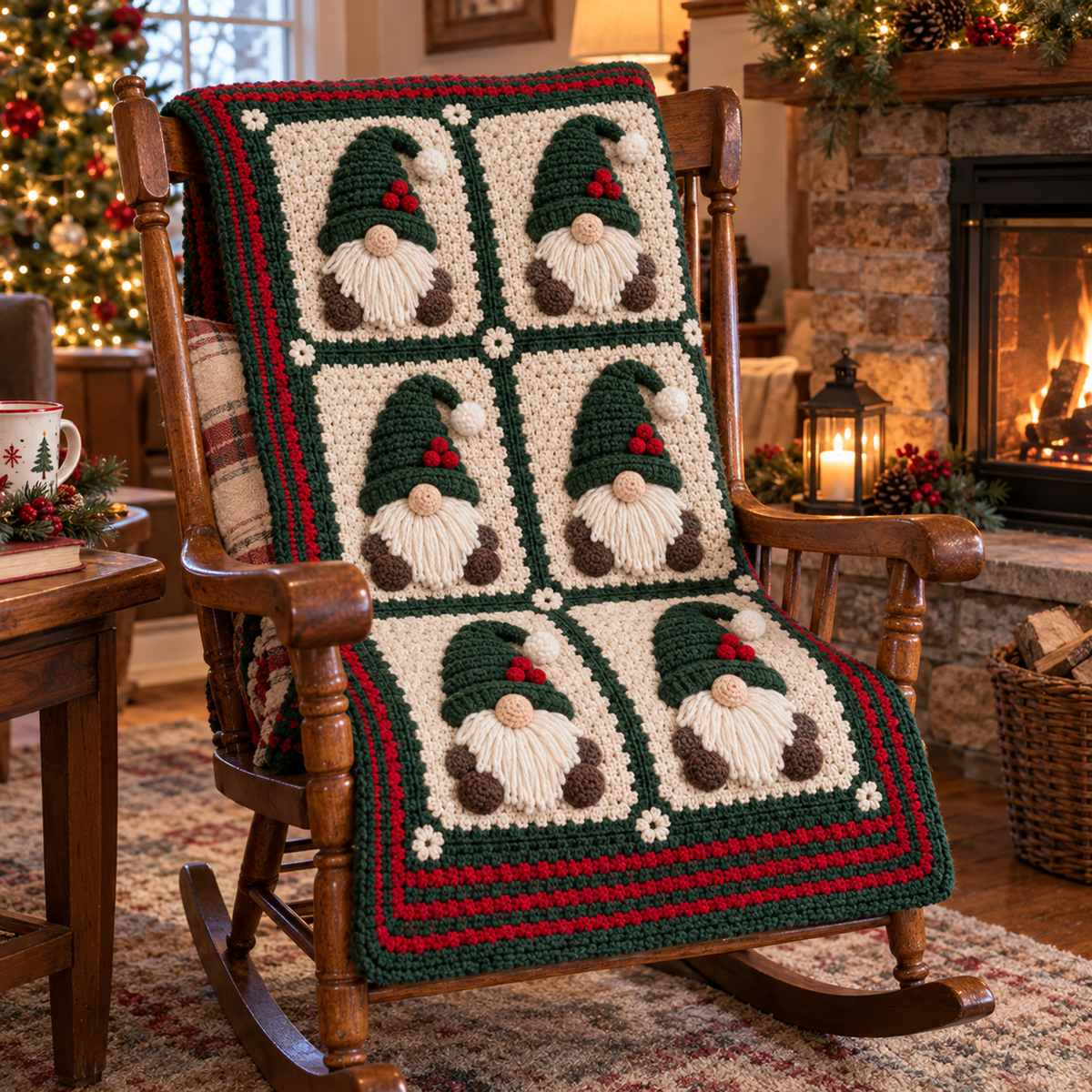 Oatmeal and forest-green gnome blanket with red berry hat details folded over a wooden rocking chair beside a fireplace.