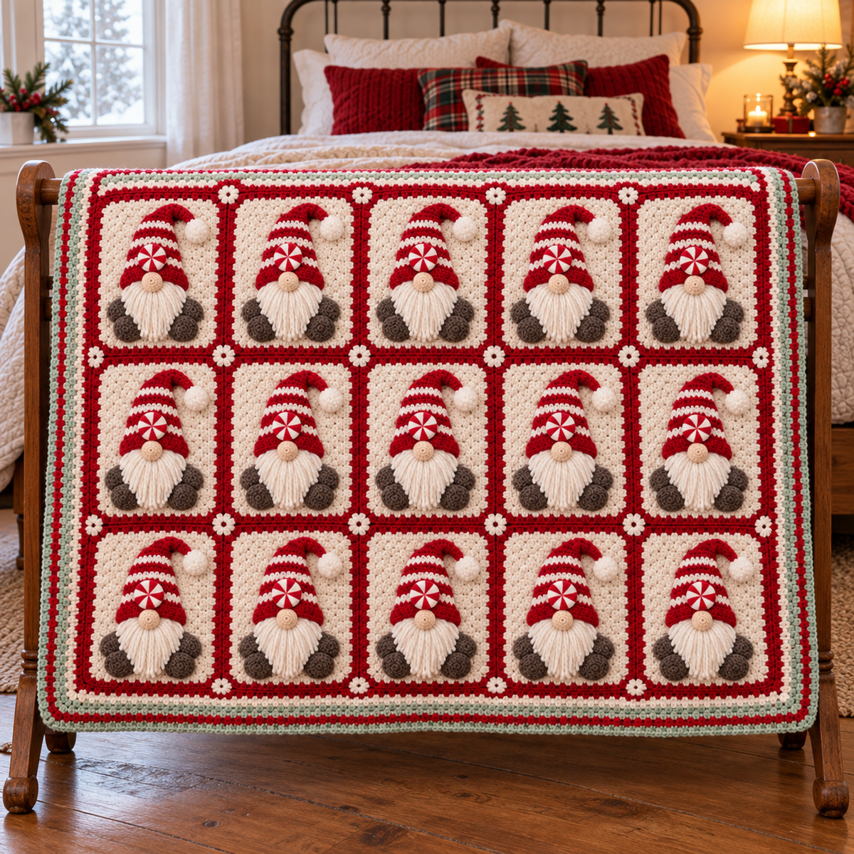 White and red Candy gnome blanket with striped hats, peppermint details and mint edging hanging on a wooden quilt rack in a Christmas bedroom.